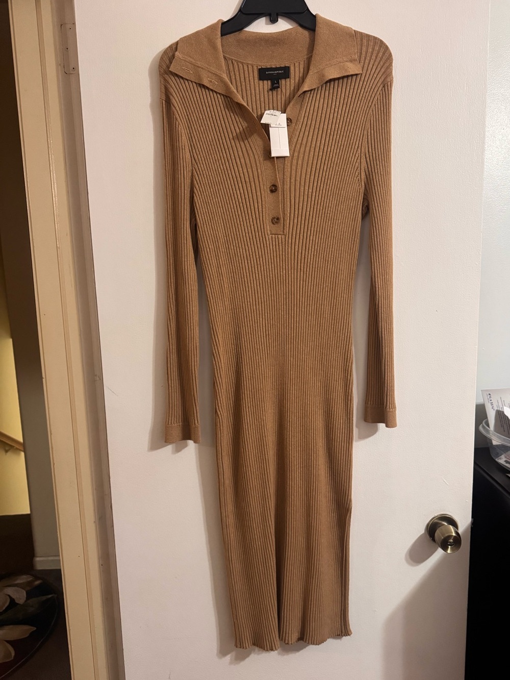 Banana Republic Ribbed Polo-Front Long Sleeve Dress - Camel